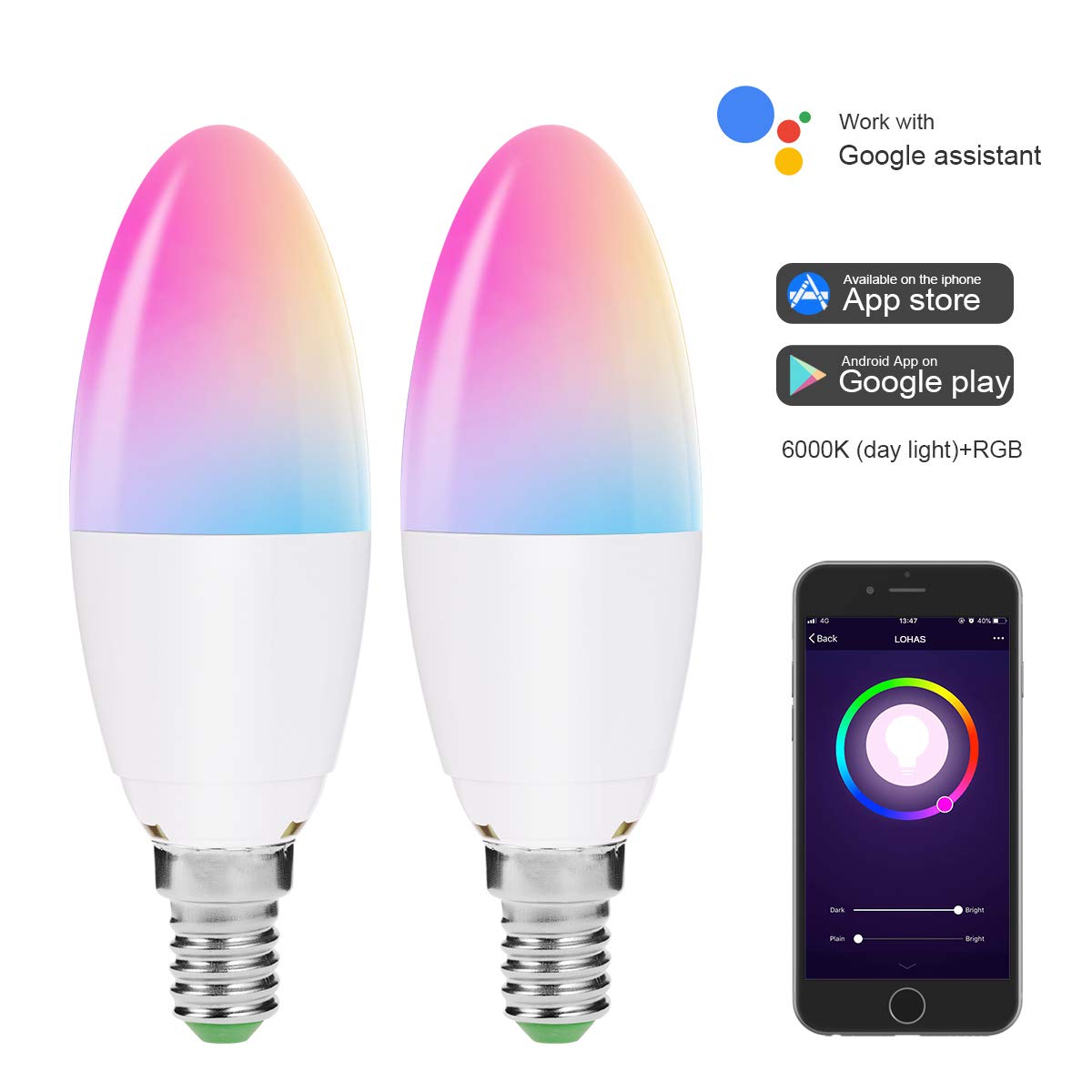 LOHAS Smart WiFi Candle Bulb E14SES Dimmable Works with Alexa and Google Home.