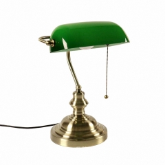 Traditional Table Light with Green Retro Glass Shade and Brass Base,with Pull Chain Switch, Library Lights for Office, Study Room