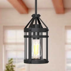 Farmhouse Pendant Lighting Fixture, 1-Light Metal Cylinder with Glass Shade Hanging Lantern, Matte Black Finish for Living Room,Dining Room, Kitchen